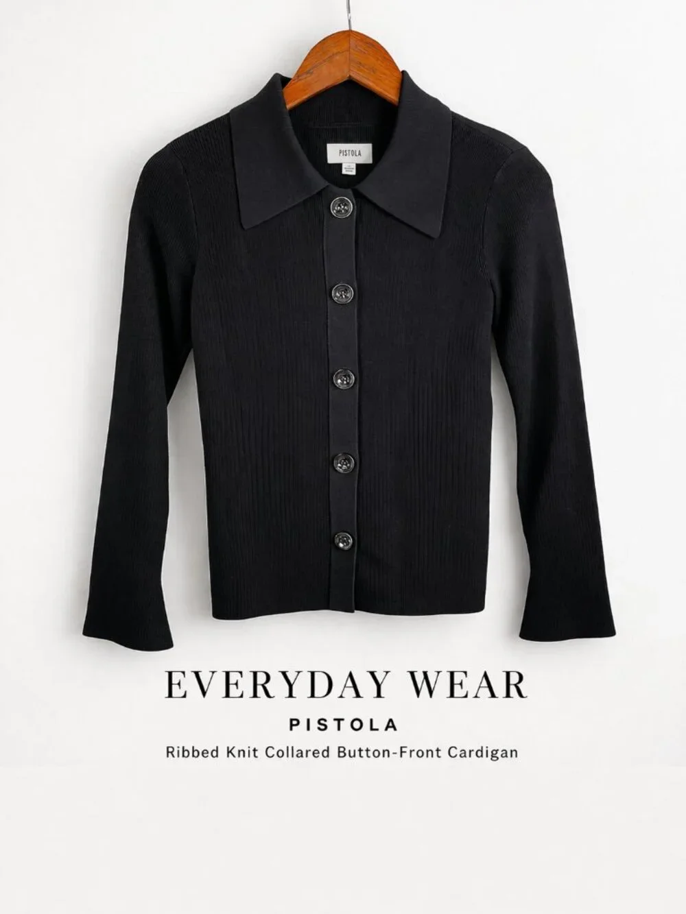 Pistola Ribbed Button Front Cardigan Black Collared Knit Top S